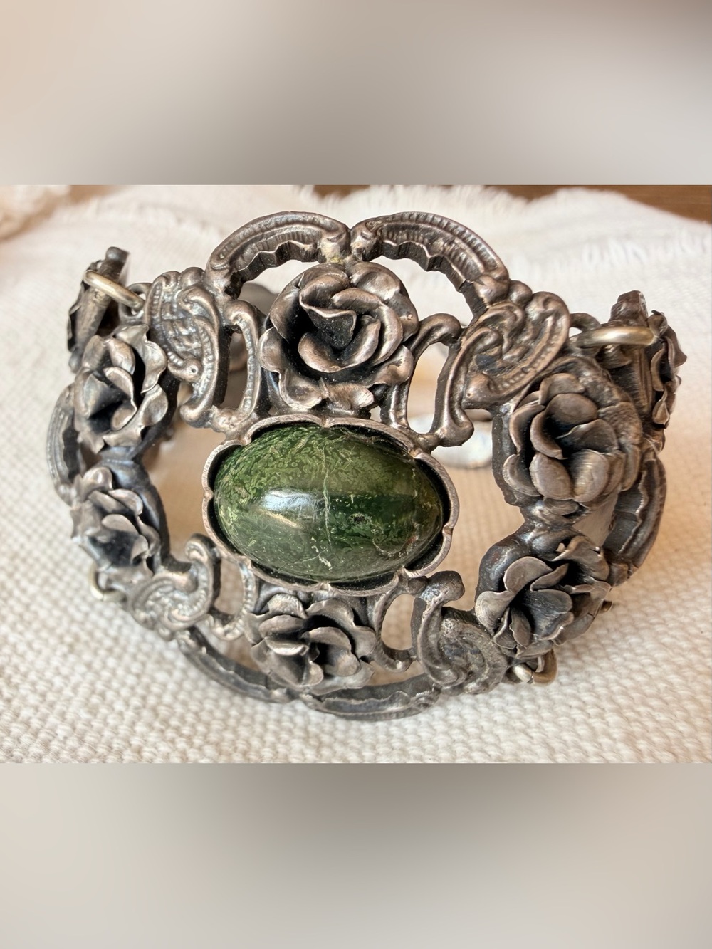 Vintage 0900 Coin Silver Genuine Jade Floral Bracelet Victorian Revival 2.05oz